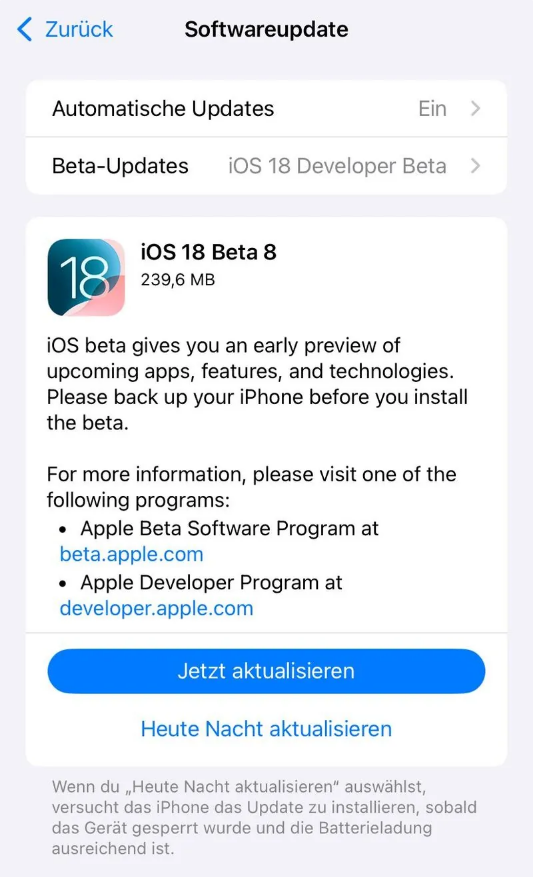 中平镇苹果手机维修分享苹果 iOS / iPadOS 18 开发者预览版 Beta 8 发布 